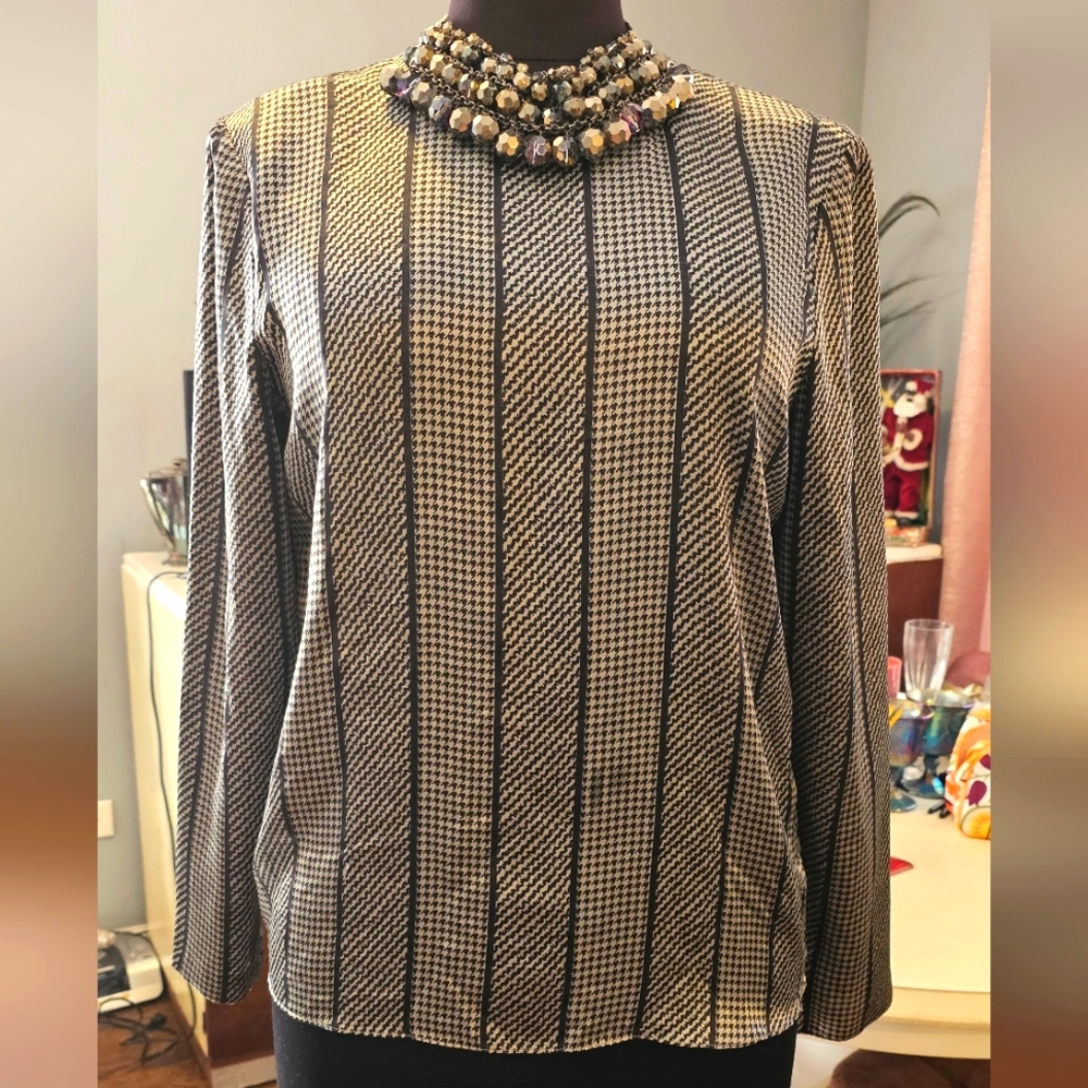 Designer Blouse Stirling Cooper, Sz 8/9, Grey w/Black Strips, Pull-over, 100% Po